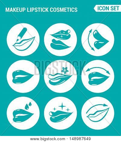 Vector set web icons. Makeup lipstick cosmetics lips Lip pencil gloss protection of the environment impact on the lips. Design of signs symbols on a turquoise background