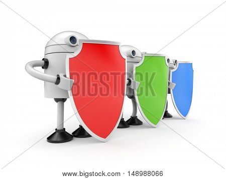 Three robots with shields. 3d illustration