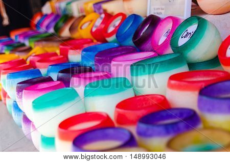 Colored candles in arabic market stall in celebration of Almossassa, Badajoz, Extremadura, Spain