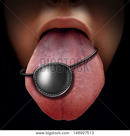 Information piracy concept as a human tongue with a pirate eye patch as a communication metaphor for a secret informant sharing private data as a revolutionary speech or whistle blower icon with 3D illustration elements.