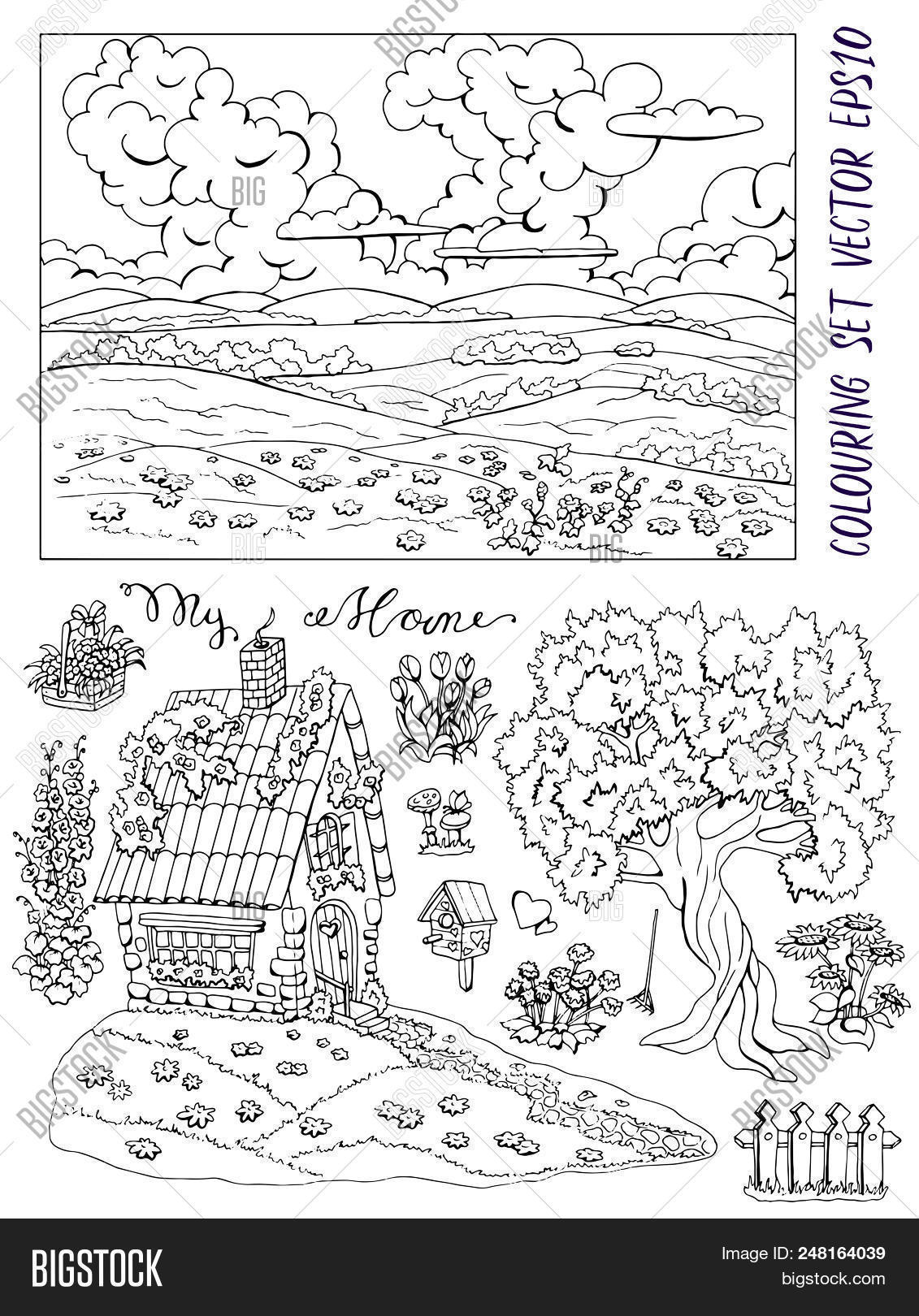 Coloring Page With Small Country Cottage Tree Flowers Landscape And Bird House
