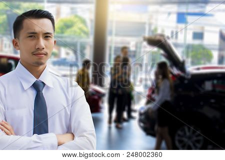 This Career Man Saleman Business Inspection Writing On Notepad Or Book, 
Paper With Car Blurry Backg