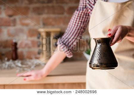 Morning Coffee Tradition. Caffeine Addiction. Strong Hot Beverage Freshly Brewed In A Jezve Or Turki