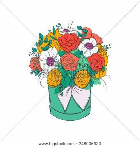 Bouquet Of Bright Flowers In Hat Box Isolated. Vector Illustration On White Background.