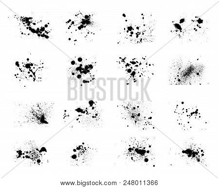 Ink Blots. Inked Splatter Drops Isolated On White Background, Vector Black Drip Spots Or Wet Spots, 