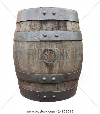 Antique oak barrel on a white background.