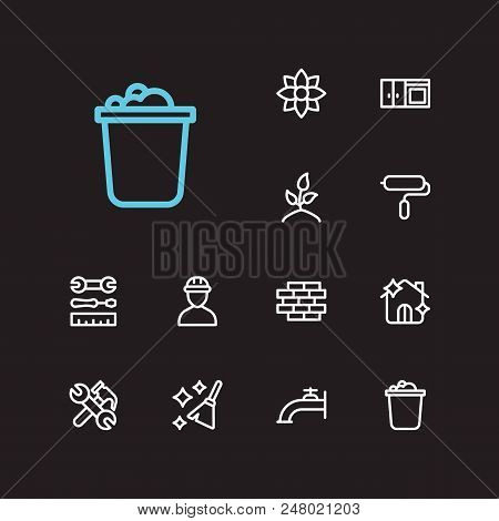 Housekeeping Icons Set. Bucket And Housekeeping Icons With Cleaning, Water Crane And Instrument. Set
