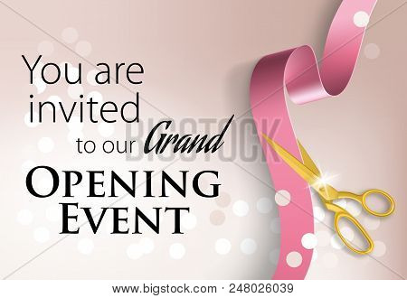 You Are Invited To Our Grand Opening Event Lettering On Pink Background With Shining Lights And Scis