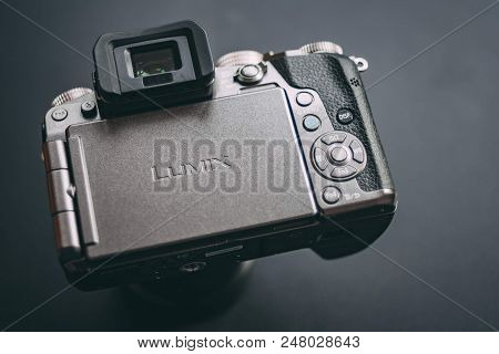 Bishkek, Kyrgyzstan - February, 17, 2018. Back View Of Camera With Logo Lumix. Review A Mirrorless C