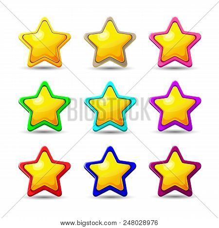 Set Of Cartoon Different Stars. Vector Illustration. Cartoon Glossy Star Isolated On A White Backgro