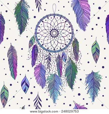 Colorful hand drawn dreamcatchers and feathers, and leaves, seamless pattern in boho ethnic style, vector background, can be used for fabric, wallpaper