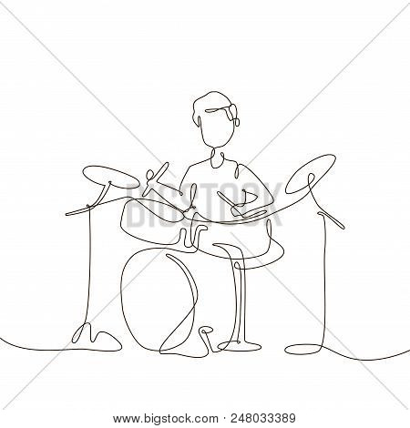 Schoolboy Playing Drums - One Line Design Style Illustration On White Background. A Composition With