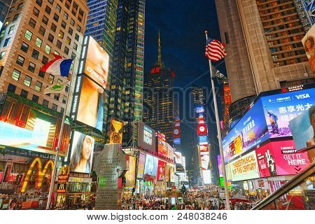 Night View Of Times Square-central And Main Square Of New York. Usa.