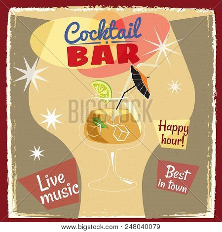 Retro Poster Design For Cocktailbar. Vintage Poster, Happy Hour, Card For Bar Or Restaurant.