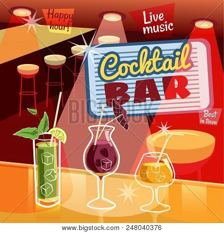 Retro Poster Design For Cocktailbar. Vintage Poster, Card For Bar Or Restaurant.