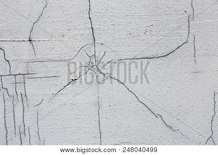 Texture Of White Dirty Cracked Wall. Small Straight Cracks. Direct Fracture On Painted Surface. Cell