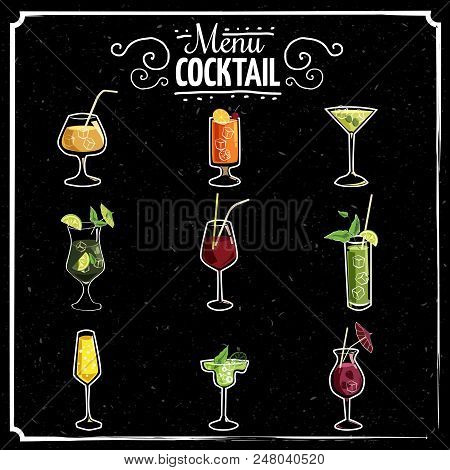 Set Of Ten Beautiful Illustration Of Some Of The Most Famous Cocktails And Drink