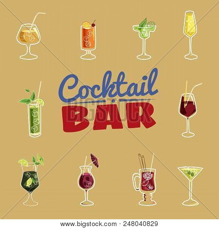 Set Of Ten Beautiful Illustration Of Some Of The Most Famous Cocktails And Drink