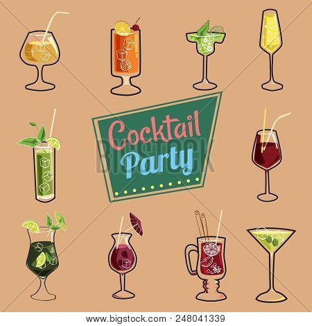 Set Of Ten Beautiful Illustration Of Some Of The Most Famous Cocktails And Drink