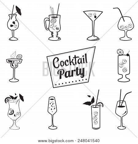Set Of Ten Beautiful Illustration Of Some Of The Most Famous Cocktails And Drink