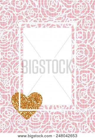 Cute Fashion Card Banner. Hand Drawing Of A Rose On Pink Fishnet Tights Background. Rectangular Fram