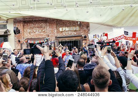 Moscow, Russia - July 3 2018: English Fans Chanting On The Street In Moscow After The Victory Of The