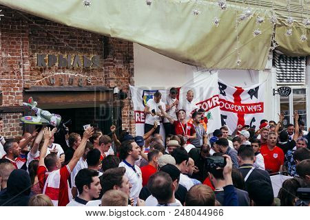 Moscow, Russia - July 3 2018: English Fans Chanting On The Street In Moscow After The Victory Of The
