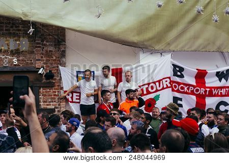 Moscow, Russia - July 3 2018: English Fans Chanting On The Street In Moscow After The Victory Of The