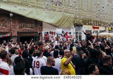Moscow, Russia - July 3 2018: English Fans Chanting On The Street In Moscow After The Victory Of The