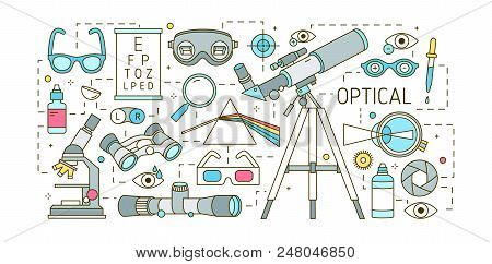 Creative Horizontal Banner Template With Various Optical Devices, Dispersive Prism, Glasses, Human E