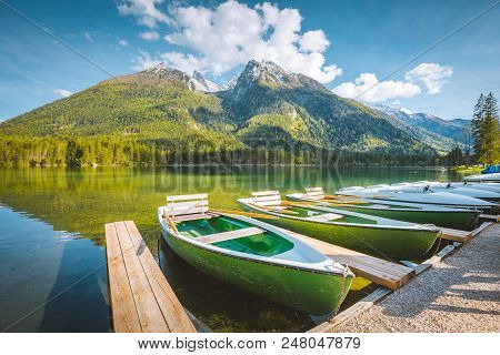 Beautiful View Of Traditional Passenger Boats On Scenic Hintersee Lake On A Beautiful Sunny Day In S
