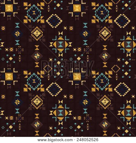Geometric Embroidery Style. Ethnic Seamless Pattern. Abstract Aztec Background. Digital Or Wrapping 