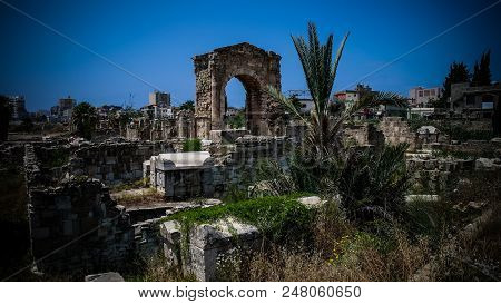 Remains Of Necropolis And Arch In Ancient Columns Excavation Site In Tyre, Lebanon