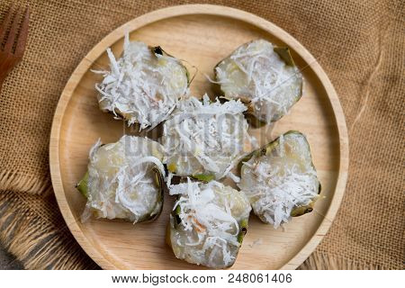 Thai Dessert Made From Banana, Sugar, Coconut And Flour. Mix The Ingredients And Stream.