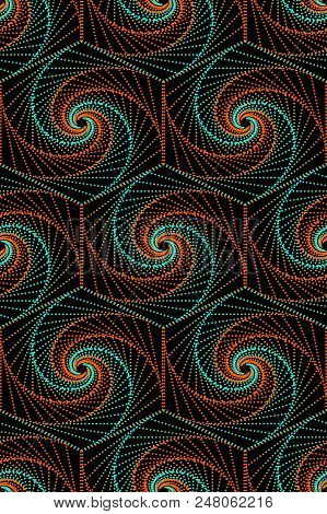Abstract Wavelike Seamless Pattern From Orange And Blue Dots, On A Black Background