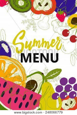 Summer Menu Cover. Design Concept For Veggie, Smoothie Bar Menu With Illustration Of Fruits.