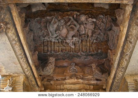 A Large Panel Of The Ceiling Of Mukha-mandapa Depicting Eight Armed Shiva With Parvati, Dancing On T