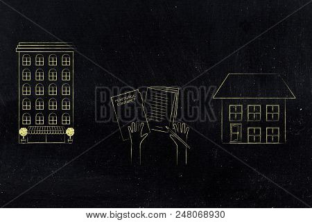 Young People And Housing Conceptual Illustration: Condo Apartment Building Vs Detatched House With H