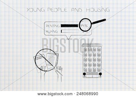 Young People And Housing Conceptual Illustration: Condo Apartment Building Next Barred Mortgage Cont
