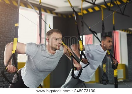 Young Men Performing Trx Training In Gym. Muscular Guys Doing Exercise, Copy Space