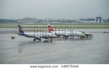 Moscow, Russia- June 12 2018: Airplanes On The Runway At Terminal D Of Sheremetyevo International Ai