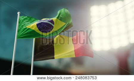 3d Illustration. Two Flags Waving On Wind. Night Stadium. Championship 2018. Soccer. Brazil Versus B