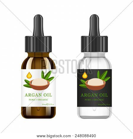Realistic White And Brown Glass Bottle With Argan Extract. Beauty And Cosmetics Oil - Argan. Product