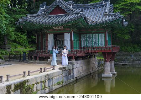 Seoul - May 10 : Korean Women Wearing Hanbok Dress In Seoul Korea On May 10 2018. Hanbok Is A Korean