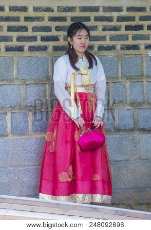 Seoul - May 10 : Korean Woman Wearing Hanbok Dress In Seoul Korea On May 10 2018. Hanbok Is A Korean