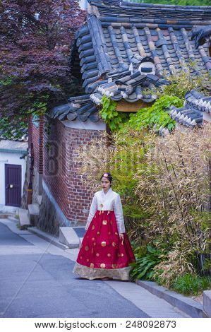 Seoul - May 10 : Korean Woman Wearing Hanbok Dress In Seoul Korea On May 10 2018. Hanbok Is A Korean