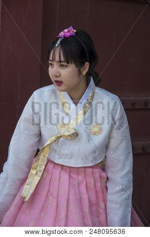 Seoul - May 10 : Korean Woman Wearing Hanbok Dress In Seoul Korea On May 10 2018. Hanbok Is A Korean