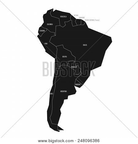 Simplified Schematic Map Of South America. Vector Political Map In High Contrast Of Black And White.