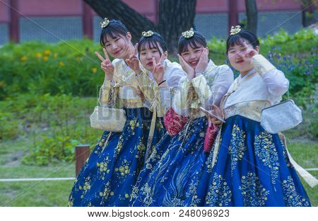 Seoul - May 10 : Korean Women Wearing Hanbok Dress In Seoul Korea On May 10 2018. Hanbok Is A Korean