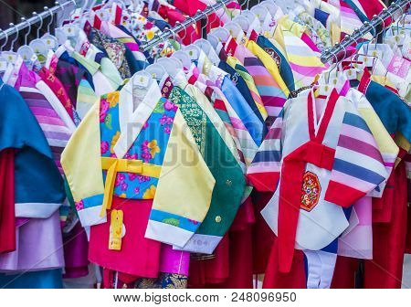 Seoul - May 10 : Hanbok Clothing In Seoul Korea On May 10 2018. Hanbok Is A Korean Traditional Cloth